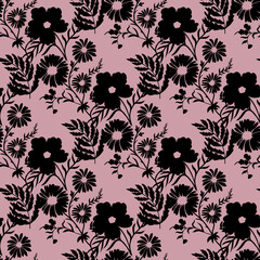 seamless pattern with black silhouettes of flowers on a pink background