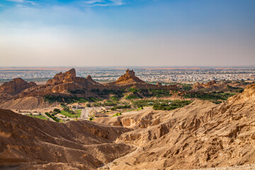 View from above on Green Mubazzarah Park with hot thermal springs in Al Ain oasis, United Arab...