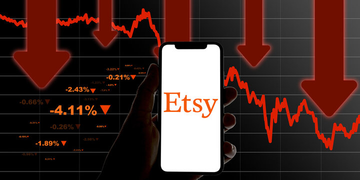 Smartphone Shows The Etsy Logo In Front Of A Red Chart Which Shows A Crashing Price Development, Downward Trend, Online Marketplace, E-commerce, Share, Stock Exchange, Investment, Nasdaq, Asset