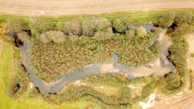 Luftaufnahme eines renaturierten Bachlaufs im Herbst, Renaturierung, Sekund&auml;raue, &ouml;kologische Aufwertung, Wasserrahmenrichtlinie, Gew&auml;sserschutz