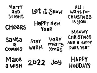 New year letteing set. Christmas quotes. Black and white hand drawn letters. Calligraphy for greeting cards, stickers, banners, prints and home interior decor. Isolated on white baclground