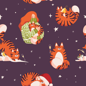 New year seamless pattern with cute tiger. Chinese new year symbol. Snoflakes and stars. Girl holding a cat in her arms. Color background