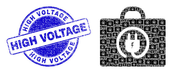 Obraz premium Vector electric plug box icon composition is composed from scattered self electric plug box pictograms. High Voltage rubber blue round seal. Fractal composition for electric plug box icon.