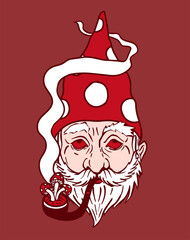 face of a dwarf smoking a pipe with fly agaric mushrooms, psychedelic vector illustration, psy art