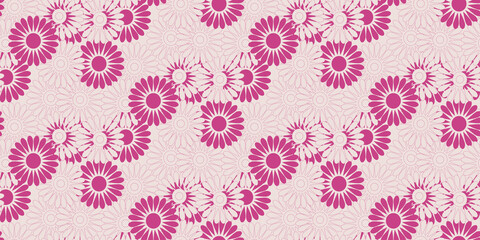seamless pattern with daisies flowers in the style of the 70s, pink and crimson colors