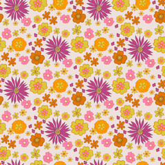 seamless pattern with bright flowers in the style of the 70s, retro style ©  Shamanska Kate