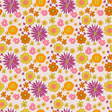 seamless pattern with bright flowers in the style of the 70s, retro style
