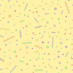 Full seamless geometric confetti vector background with circle, square zigzag and wavy line ribbons. Fabric print texture.