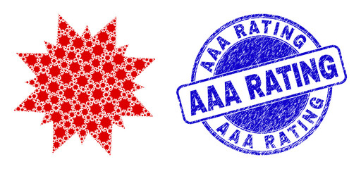 Vector multi pointed star icon collage is composed from repeating recursive multi pointed star elements. Aaa Rating dirty blue round stamp seal. Fractal collage for multi pointed star icon.