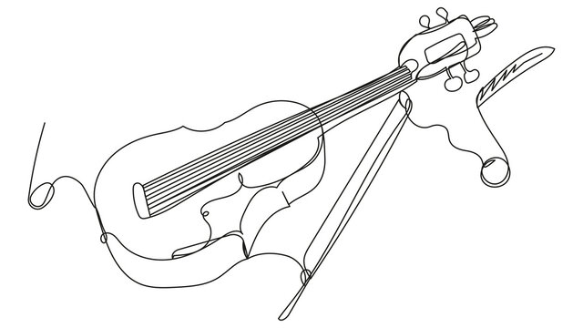 Linear illustration with a violin, on a white back. Soul music symbol. Concept for theatrical performance, opera, performance, lyrics. Violin with bow and note in one line. Vector musical instrument.