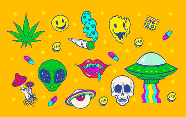 psychedelic trip symbols: LSD, weed, fly agaric mushroom, eyeball, rainbow, drugs - obrazy, fototapety, plakaty