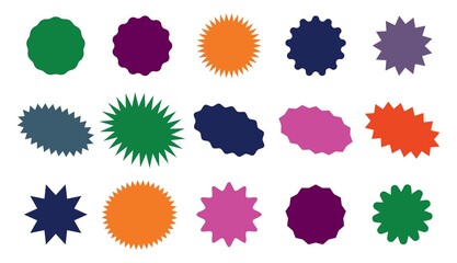 Starburst colorful tag. Star burst badge vignette. Vector simple pink red green blue round collection.