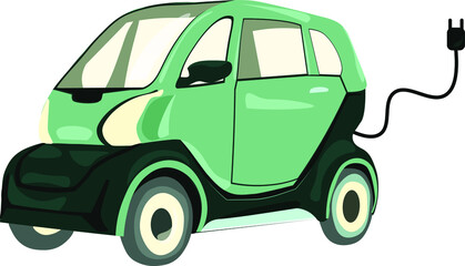 Image of a green electric small car with a cord, caring for the environment