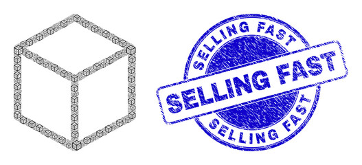 Vector cubic icon mosaic is done of repeating self cubic icons. Selling Fast textured blue round seal print. Recursive composition of cubic icon.