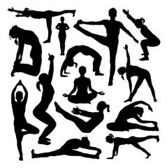 a set of silhouettes girl in different yoga asanas vector