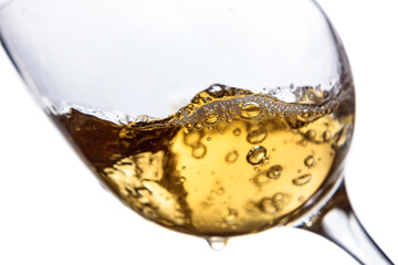 Glass of white wine on white background.