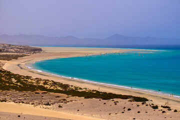 Aerial view of Sotavento beach with sailboats during the World Championship on the Canary Island of Fuerteventura.