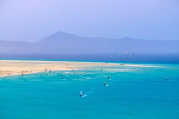 Fotobehang Sotavento Beach, Fuerteventura, Canarische Eilanden Aerial view of Sotavento beach with sailboats during the World Championship on the Canary Island of Fuerteventura.