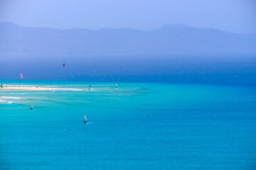 Aerial view of Sotavento beach with sailboats during the World Championship on the Canary Island of Fuerteventura.