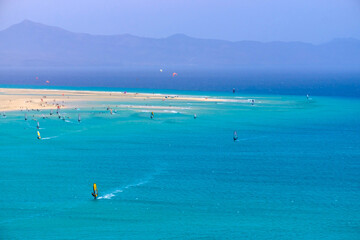 Aerial view of Sotavento beach with sailboats during the World Championship on the Canary Island of Fuerteventura.
