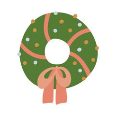 Christmas wreath with ribbon, bow and small balls. Simple modern clip art design. . Freehand isolated element. Vector flat Illustration. Only 5 colors - Easy to recolor.
