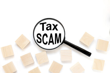 Tax Scam, text in black magnifier on white background