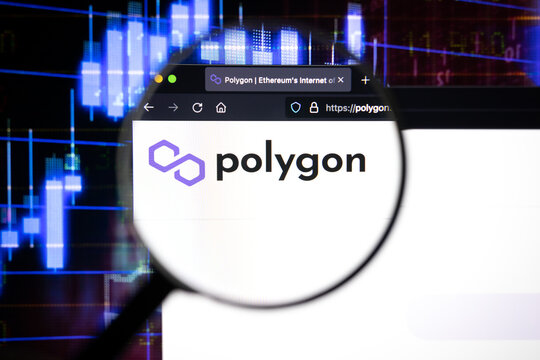 Polygon company logo on a website, seen on a computer screen through a magnifying glass.