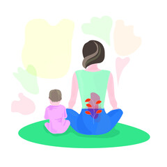 flat style woman and child sitting on yoga mat