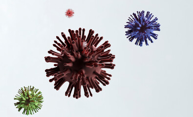 New mutant virus, showing different versions. White, blurred background.