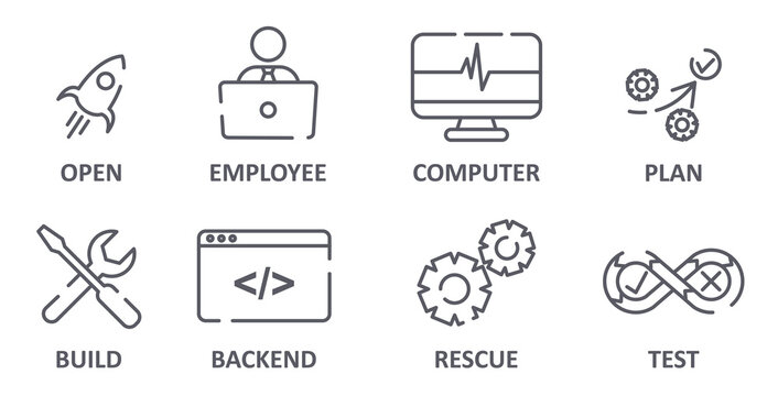 Vector devOps icons. Collection of images for programmers. Graphic elements for websites. Black and white pictures, IT operations. Cartoon flat vector illustrations isolated on white background