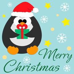 Christmas greeting postcard with character Penguin in santas hat and gift box