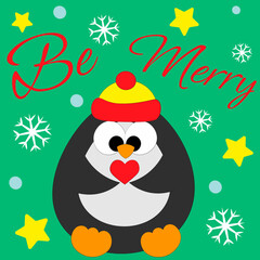 Christmas greeting postcard with character Penguin with little heart