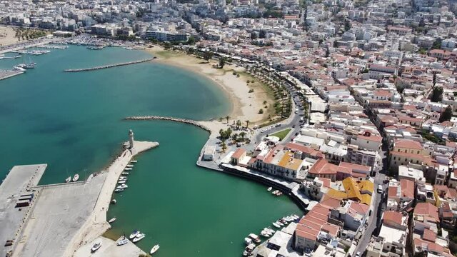 Aerial view. Rethymno town on the island of Crete. The historical part of the city and the port.