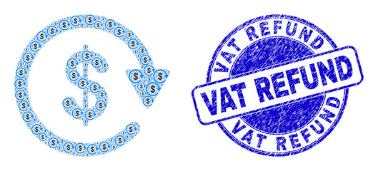 Vector dollar pay again icon mosaic is made of random self dollar pay again elements. Vat Refund textured blue round seal imitation. Recursion combination of dollar pay again icon.