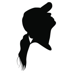 Female portrait. Raised up head in profile. Young woman with ponytail in a baseball cap. Black silhouette on white background.