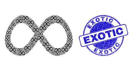 Vector curve infinity icon composition is created of repeating recursive curve infinity icons. Exotic scratched blue round seal. Recursion composition of curve infinity icon.