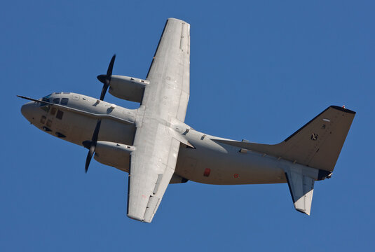 Military transport aircraft Alenia C-27 Spartan maneuvering in the sky