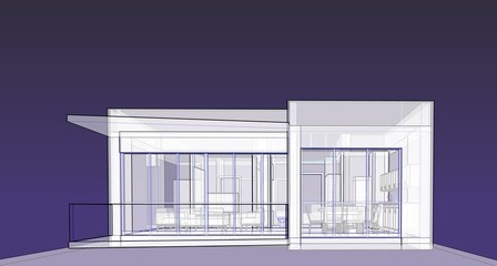 3d illustration of a modern small house with balcony and canopy. Facade scene in blueprint style with semi-transparent walls. 