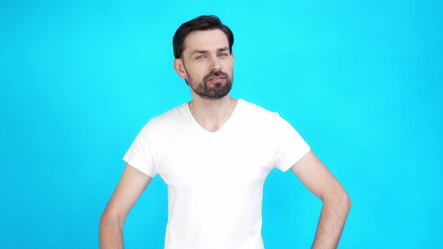 Charismatic guy present promo advert vlog isolated blue color background