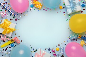 Holiday frame or background with colorful balloon, gift, confetti, silver star, carnival cap and streamer. Birthday or party greeting card with copy space. Flat lay, top view.