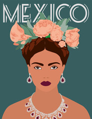 Portrait the beautiful Mexican woman flowers hairstyle ,Frida Kahlo style.Vector illustration of a flat design.