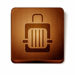 Brown Pet carry case icon isolated on white background. Carrier for animals, dog and cat. Container for animals. Animal transport box. Wooden square button. Vector