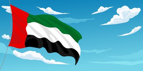 Vector illustration, flag of the United Arab Emirates on a blue sky and white clouds as a template and banner for the UAE Independence Day Celebration.