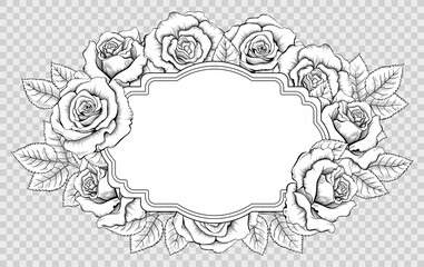 Oval Vintage Frame with Engraved Roses. Black and White Drawing of Retro Label Decorated Outline Flowers. Classical Style Vector Illustration Isolated on the Imitation of Transparent Background