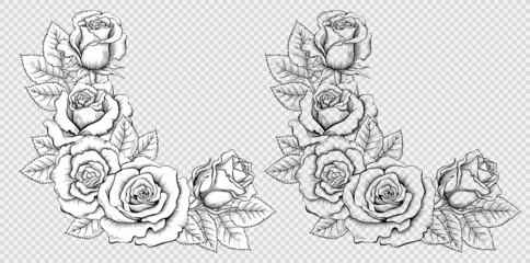 Corner Composition of Vintage Hand-Drawn Roses. Black and White and Contoured Engraved Illustration in Retro Style. Vector Image Isolated on the Imitation of Transparent  Background - 471744786