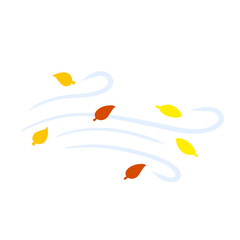 Autumn Wind. Stream of air with red and yellow leaves. Blue wavy line. Breeze and weather icon. Leaf fall. Flat illustration