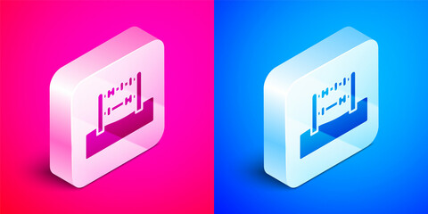 Isometric Abacus icon isolated on pink and blue background. Traditional counting frame. Education sign. Mathematics school. Silver square button. Vector