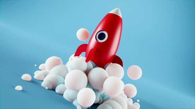 Raketenstart einer 3D Rakete mit Rauchentwicklung - Thema Booster, Start-Up oder Innovation - 4K