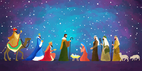 Christmas Nativity scene. Hand drawn background illustration. Vector EPS10.