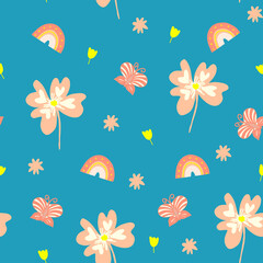 seamless pattern with rainbow and abstract flower,childish print for wallpaper,cover design,kids fabric,nursery interior and birthday decoration,colourful baby shower illustration.